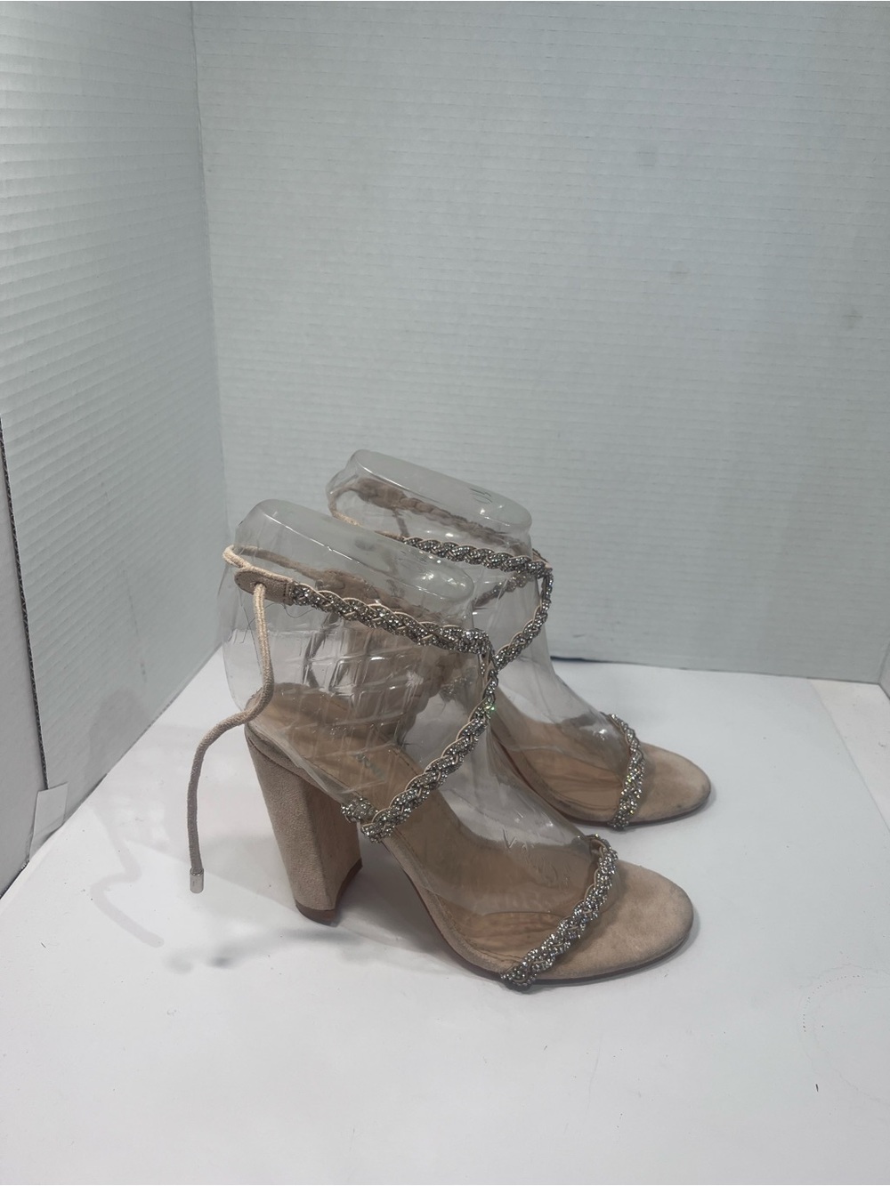 Fashion Nova Beige Suede Block Heel Sandals with Rhinestone Chain